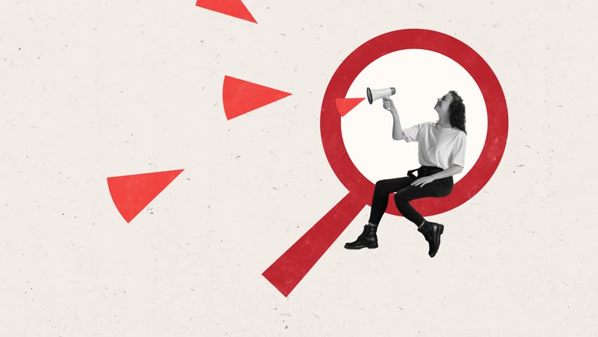 Stop motion. Creative animation. Young woman in monochrome filter sitting in lope and shouting to megaphone against pastel yellow background. Concept of business, finance, job marketing, work. Ad