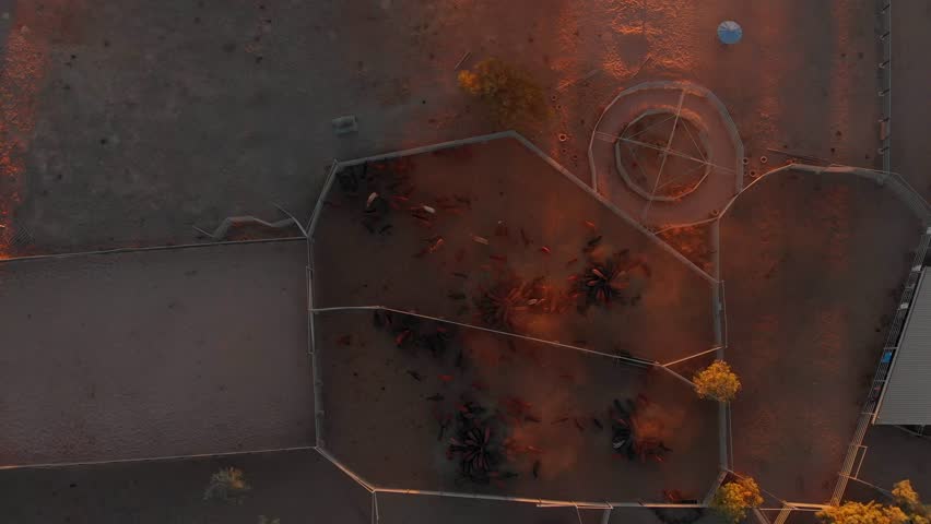 Aerial view of tranquil cattle yards under a sunset glow in the dry outback, Emerald, Queensland, Australia.
