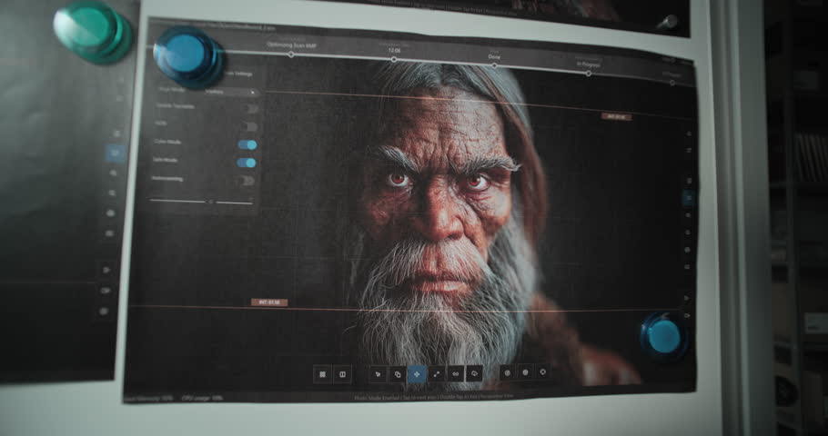 Board with printed images of 3D model of Neanderthals. Three dimensional realistic visualization of ancient humans created in professional program based on fossil remains in archaeological lab.