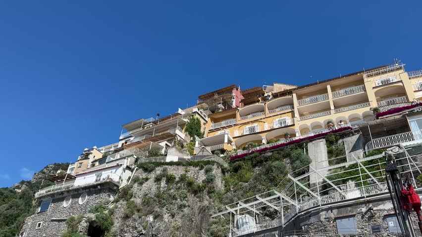 Luxury Beachfront Hotels On A Steep Cliff At Positano On The Amalfi Coast Coastline In Italy.