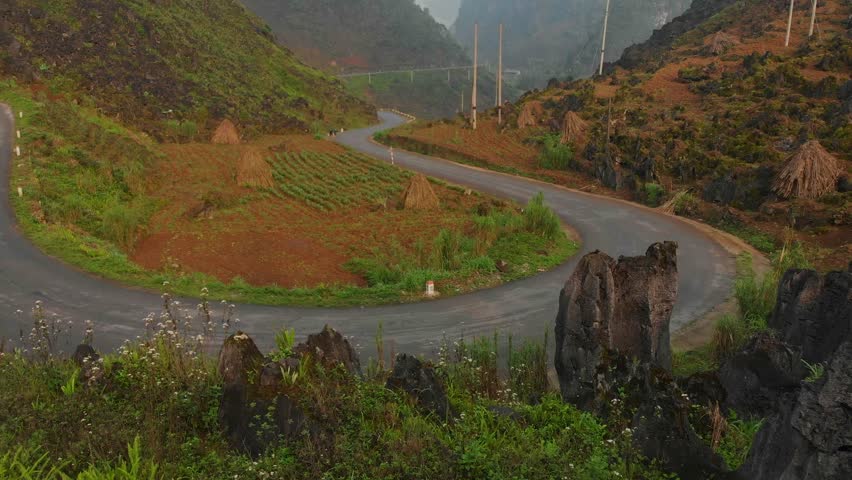 Aerial view of winding road through vibrant mountains and terraced fields, Meo Vac, Vietnam.