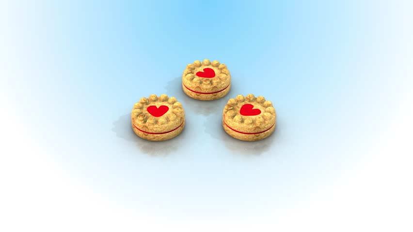 Heart Shaped Cookies on a Reflective Floor. Biscuit 3D Animation. Deserts. 4K