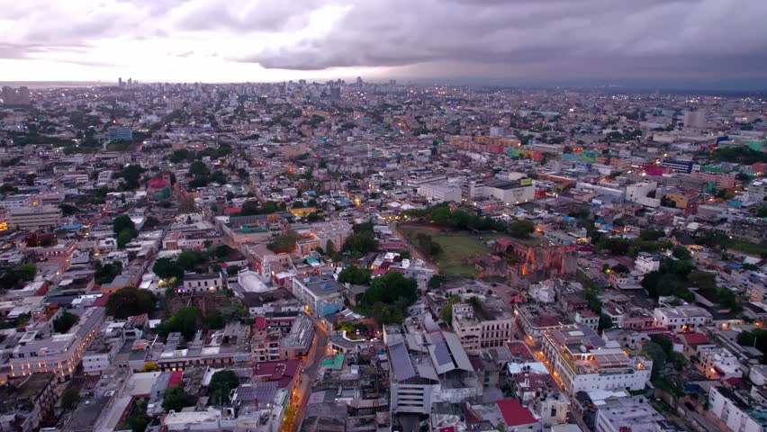 Aerial Pan over Ciudad Colonial Zone of Santo Domingo, Dominican