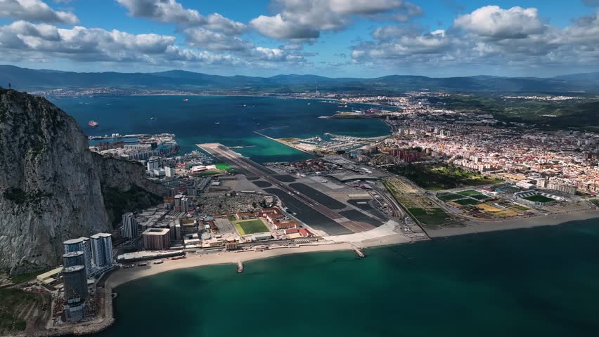Aerial view of the rock of Gibraltar overlooking the ocean and airport, Gibraltar.
