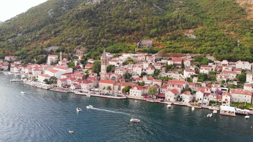 town harbour and St. Nicholas church in Perast, Montenegro