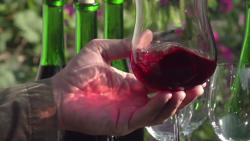 Sommelier Wine Tasting. Glass in her hand close-up. Wine untwisted in a glass. Sun through the glass casts bright glare. Slow Motion