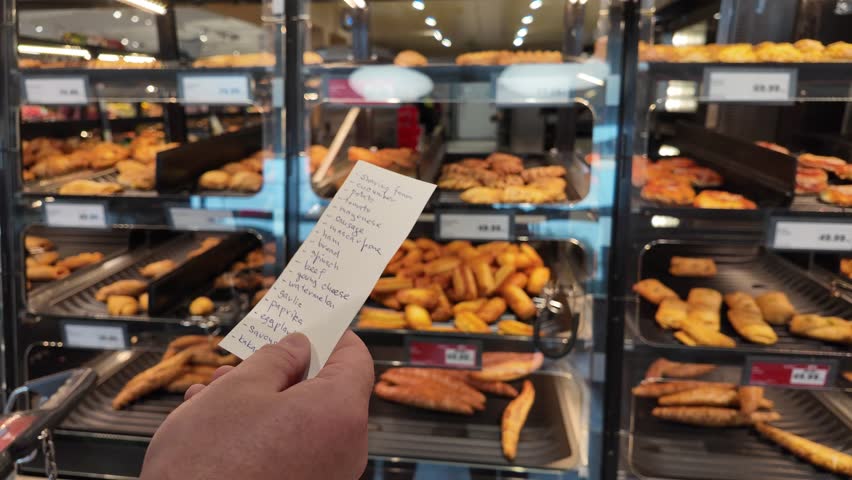 Person holding a shopping list and pointing at various baked goods in a bakery, related to grocery shopping and food