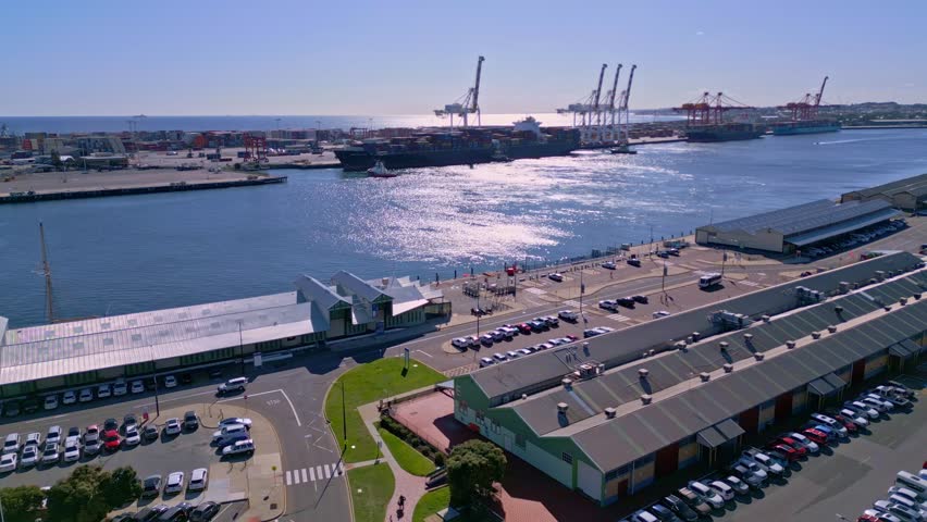 Fremantle Port drone view of harbour, cranes and cargo ships in Perth, Western Australia