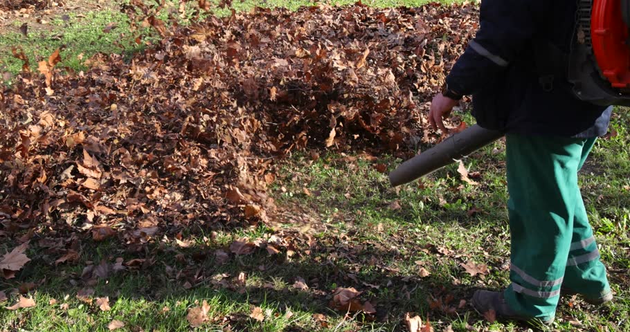 Workers blowing autumn leaves in the city park, slow motion. Gardener machinery cleaning fallen leaves in the autumn season, close up