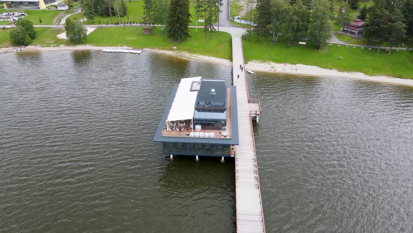 Aerial view of serene Lipno Lake with a picturesque village, pier, and lush greenery, Lipno nad Vltavou, Czech Republic.
