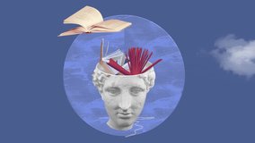 Abstract human antique statue and books. Creative idea symbol, art design or collage. Mental Health, thinking, psychology, education, intellectual development concept - 2D animation. - Powered by Shutterstock - Get 15% off with code: PIKWIZARD15
