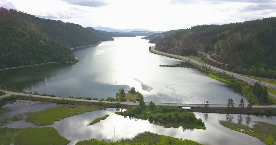 Drone fly over beautiful still Lake Coeur d