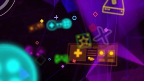 Animation of video game icons over neon pattern background. Global video game, digital interface, communication, computing and data processing concept digitally generated video. - Powered by Shutterstock - Get 15% off with code: PIKWIZARD15