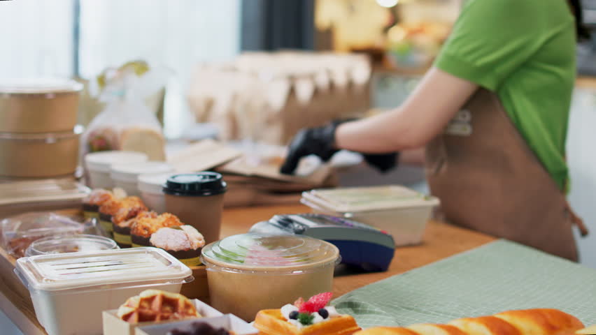 Young asian female customer using mobile phone to pay for paper bag full of freshly baked goods.NFC QR code device,payWave,contactless payment code for fast digital transaction.