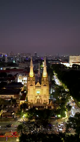 Aerial view of Jakarta Cathedral Church at night. Located in Central Jakarta near Istiqlal Mosque