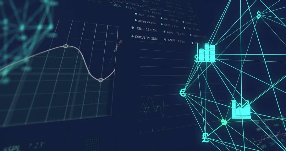 Animation of financial data processing and network of connections with icons on black background. Global business, finances, computing and digital interface concept digitally generated video.