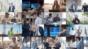 Multi screen business collage made of many different footages with business people working in office or outdoor. Technology, investment, money and teamwork concept. - Powered by Shutterstock - Get 15% off with code: PIKWIZARD15