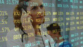 Animation of financial data processing over caucasian female doctor using smartphone. Global business, finances, computing and digital interface concept digitally generated video. - Powered by Shutterstock - Get 15% off with code: PIKWIZARD15