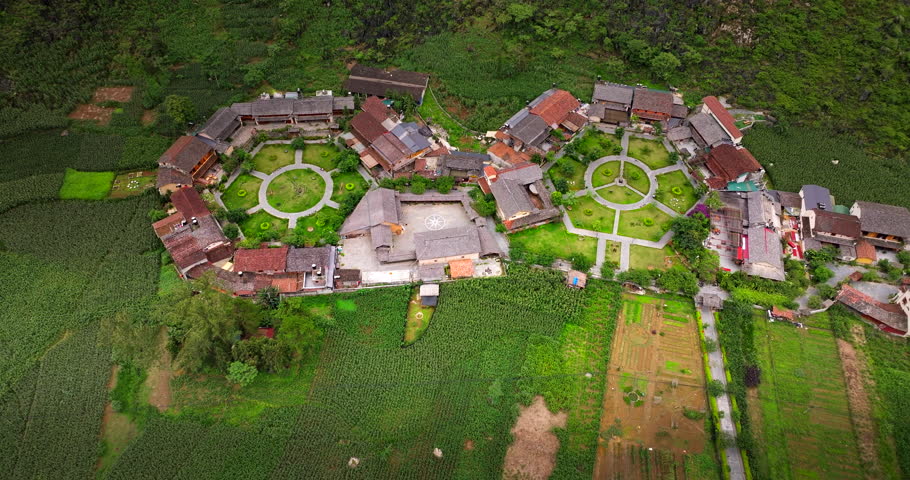 Top aerial view of unique designed Pa Vi Hmong Village in Meo Vac, Ha Giang
