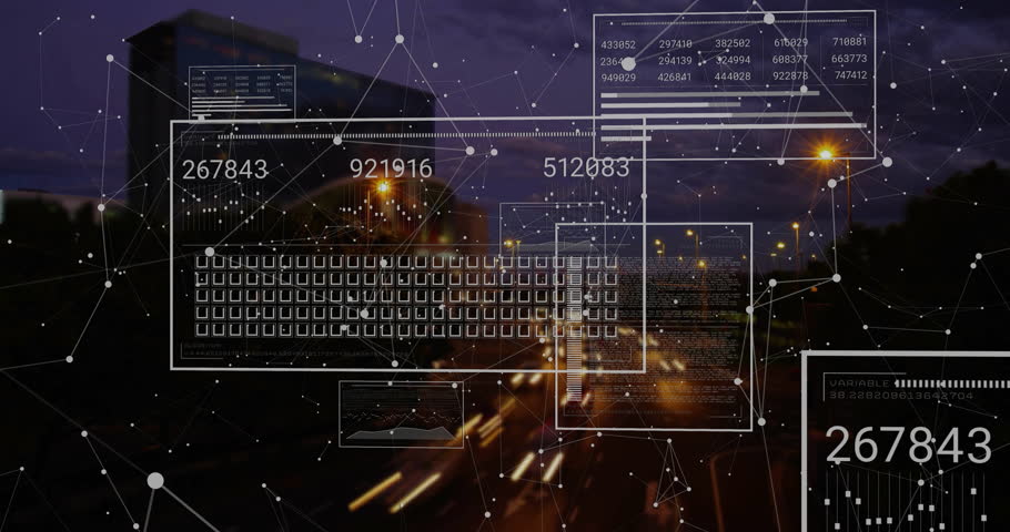 Animation of financial data processing and network of connections over cityscape. Global business, finances, computing and digital interface concept digitally generated video.