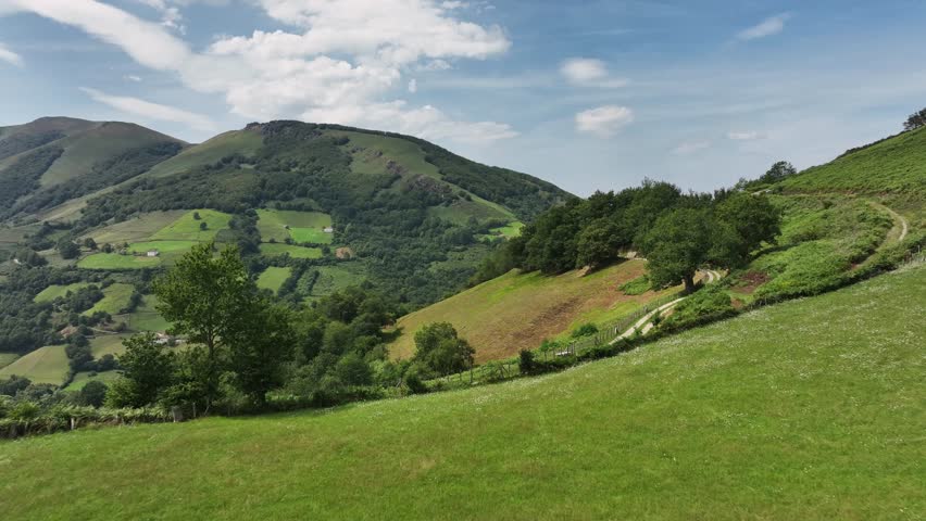 Bucolic valley with scattered hamlets, Baztan Valley, Navarra. Summer