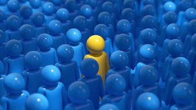 A single yellow figure stands out in a crowd of blue figures, symbolizing individuality, uniqueness, and differentiation. 3D Illustration - Powered by Shutterstock - Get 15% off with code: PIKWIZARD15