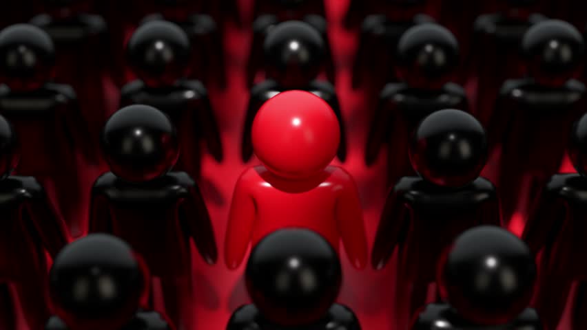 A lone red figure stands out in a crowd of black figures, symbolizing individuality, leadership, and being different from the norm. 3D Illustration
