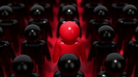 A lone red figure stands out in a crowd of black figures, symbolizing individuality, leadership, and being different from the norm. 3D Illustration - Powered by Shutterstock - Get 15% off with code: PIKWIZARD15