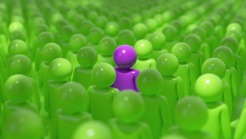 A purple figure stands out among a crowd of green figures, symbolizing bold individuality in a group. 3D Illustration