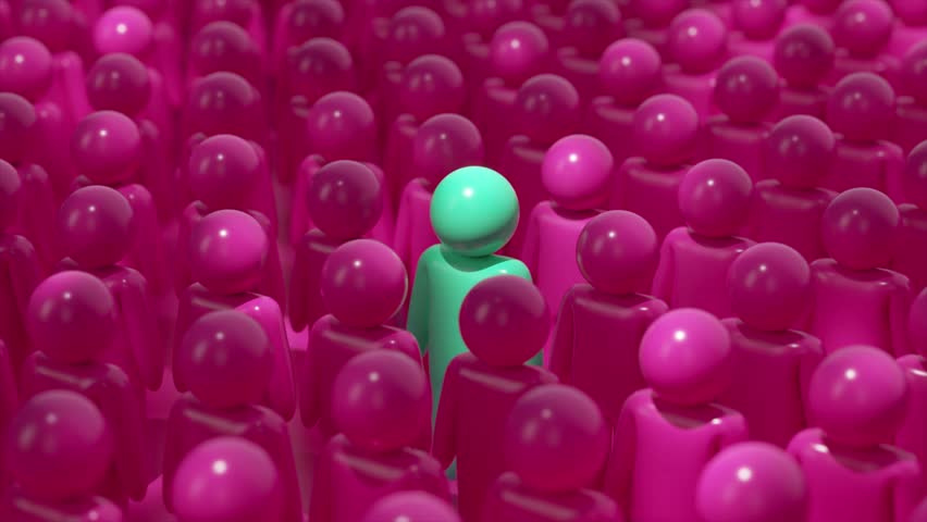 A green figure stands out amidst a crowd of pink figures, emphasizing individuality and bold contrast. 3D Illustration