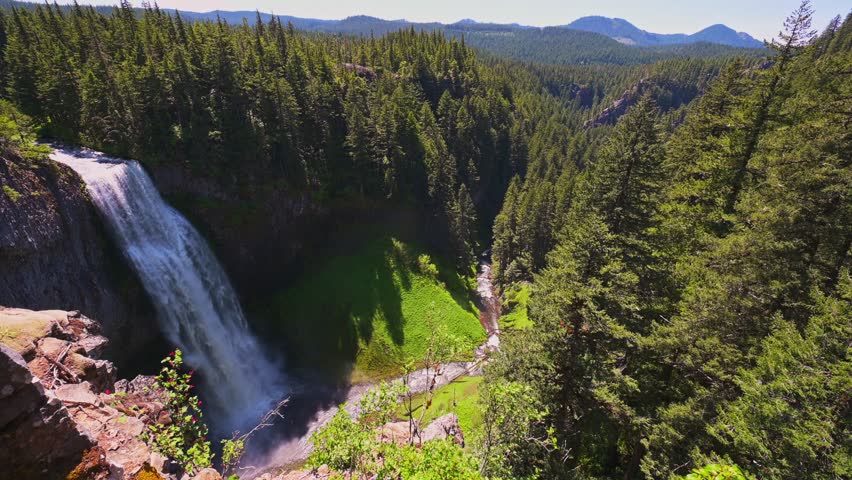 Salt Creek Falls in Oregon, USA, cascading down a cliff surrounded by dense evergreen forest and rugged landscape on a sunny day. 4K UHD video.