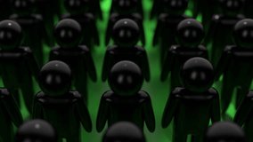 A single green figure contrasts against a crowd of black figures, symbolizing individuality, uniqueness, and standing out from the norm. 3D Illustration - Powered by Shutterstock - Get 15% off with code: PIKWIZARD15