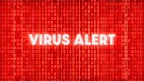 Virus Alert, flickering letters, binary code, lines and stripes on the red screen. Cyber attack, computer, IT and network security, warning sign. - Powered by Shutterstock - Get 15% off with code: PIKWIZARD15
