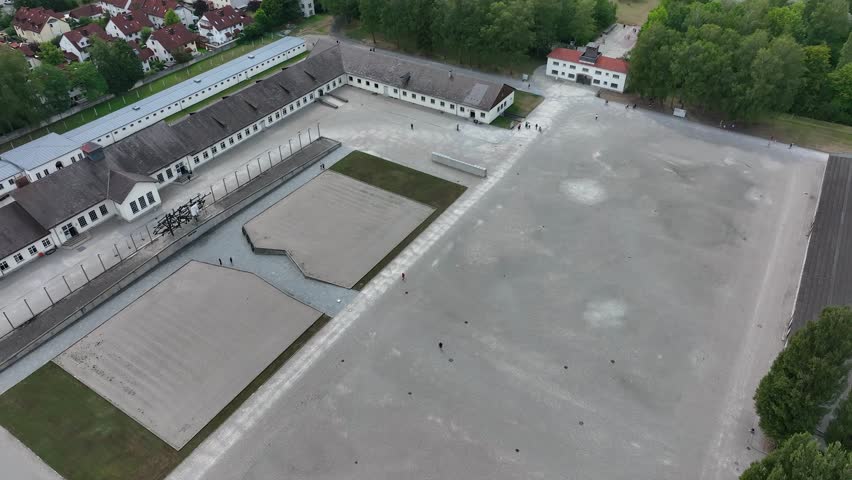 Drone view Dachau. Concentration camp memorial site. Dachau Nazi concentration camp. World war two. Death concentration center camp. Historical site and museum. Munich, Bavaria. Germany.