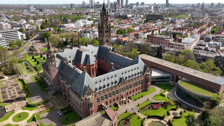 Aerial view of The Peace Palace (Vredespaleis) in The Hague , Netherlands. Building of International Court of Justice in Den Haag, Holland. Netherlands, Europe from above