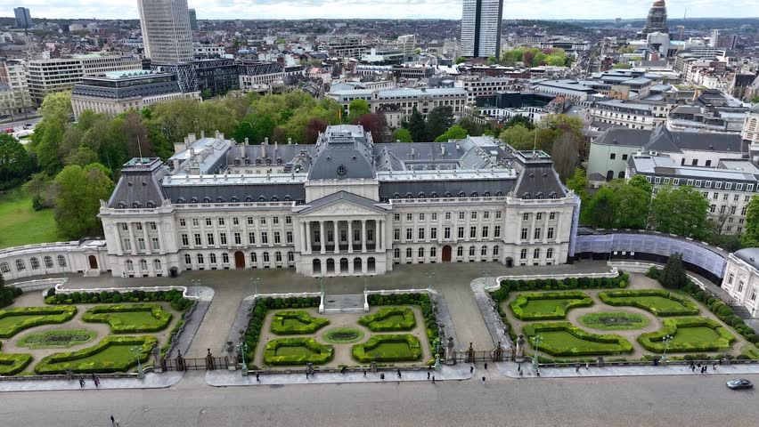 Aerial view of the Royal Palace of Brussels ( Palais de Bruxelles ) and the Cityscape in Belgium. Museums and Famous Landmarks Around Centre and Town Hall in 4K drone panoramic. Europa from Above