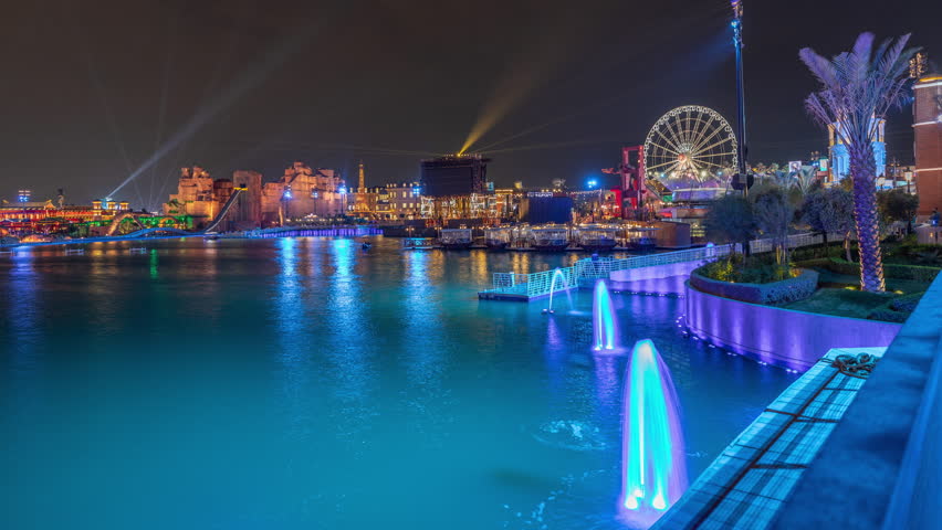 Panorama showing Riyadh Boulevard World entertainment park with largest artificial lake timelapse. Riyadh. Saudi Arabia