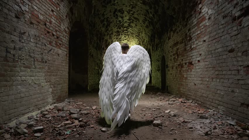 Man in white angel wings in abandoned room. Concept of Christianity and faith in God.