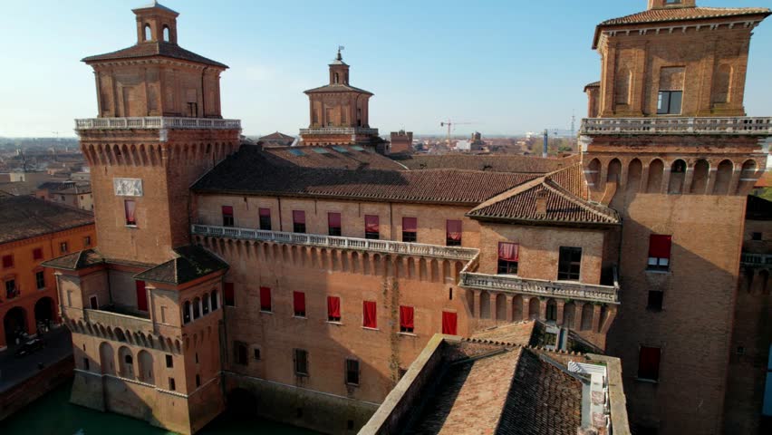 Ferrara - beautiful medieval town in Emilia Romagna Italy. aerial drone video of castle Estense in historic center