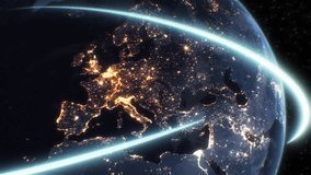 Fast Digital Lines Flying Around the Earth Seamless. Blue Strokes Moving Round the World Night Cities Light View from Space. Light Trails Looped 3d Animation. Technology Communications Concept 4k. - Powered by Shutterstock - Get 15% off with code: PIKWIZARD15