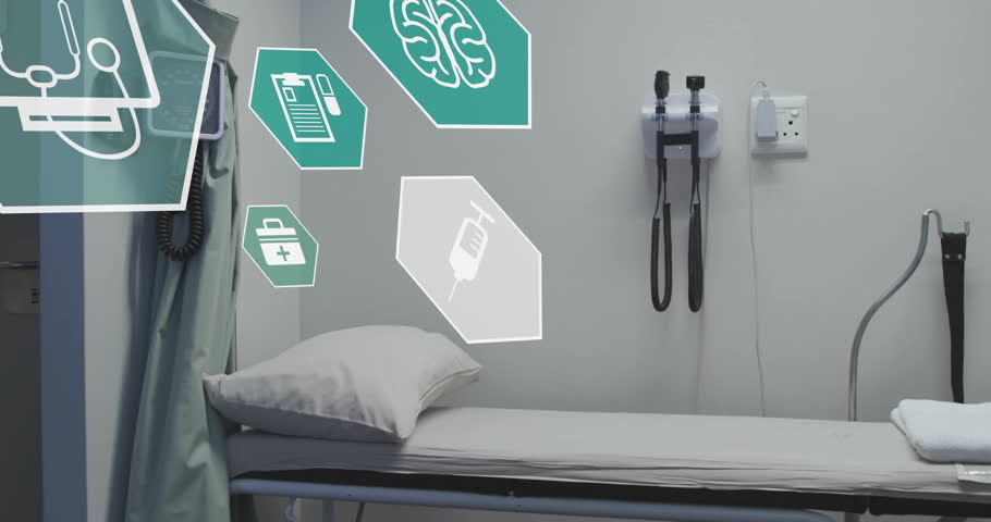Animation of network of medical icons over hospital bed. Global medicine, connections, computing and data processing concept digitally generated video.
