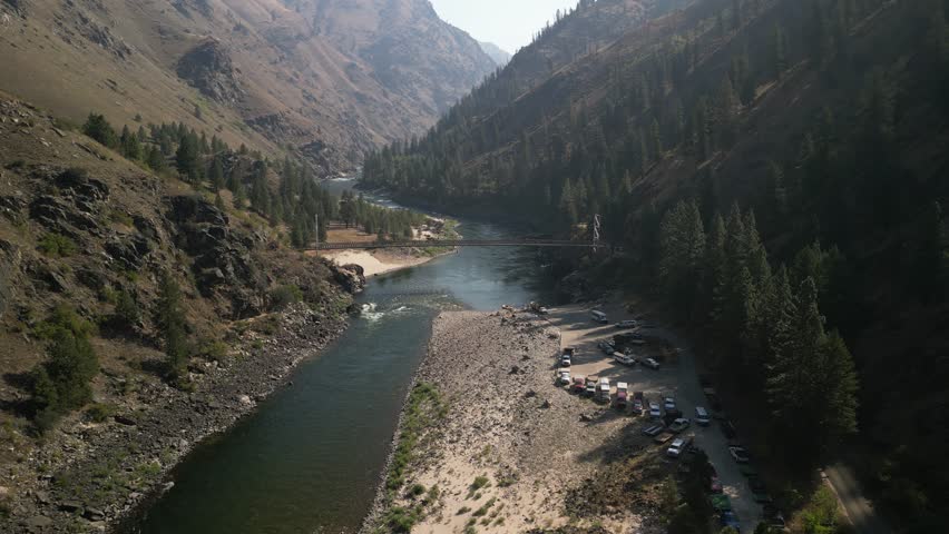 Aerial above bridge at Carey Creek Boat Launch on Salmon River in Riggins Idaho