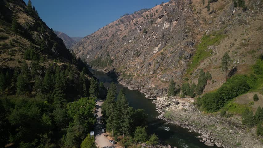Aerial above Vinegar Creek boat launch on Salmon River in Riggins Idaho