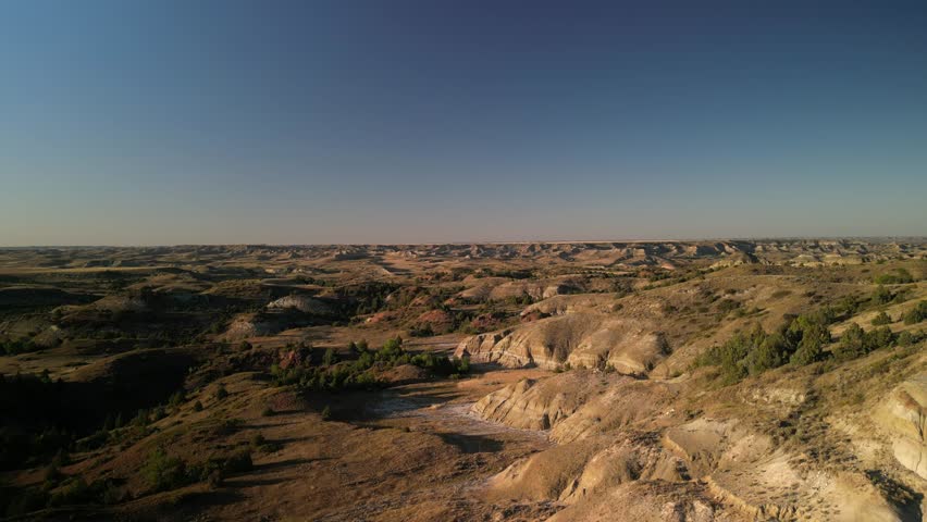 Aerial of Badlands in Medora North Dakota at sunset