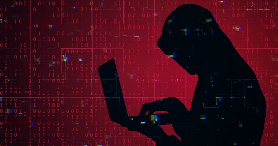 Hacker, laptop and typing with code, hologram and silhouette for cyber terrorism by red background. Person, rogue programmer and computer with futuristic matrix, click and developer for ransomware