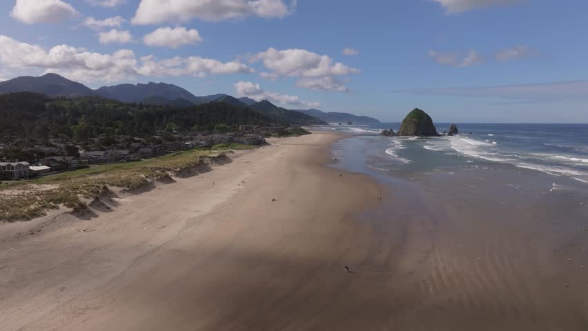 Cannon Beach Oregon Pacific Northwest Morning Aerial Flyover Haystack Rock