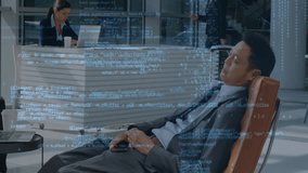 Animation of financial data processing over asian businessman sleeping in airport lounge. Global finance, business, connections, computing and data processing concept digitally generated video. - Powered by Shutterstock - Get 15% off with code: PIKWIZARD15