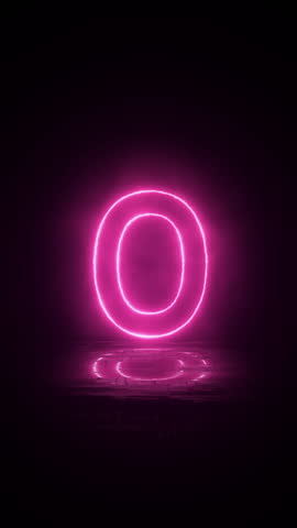 Top 10 neon countdown timer. Countdown from ten to one, glowing pink neon numbers with reflection on wet floor background. Vertical video.