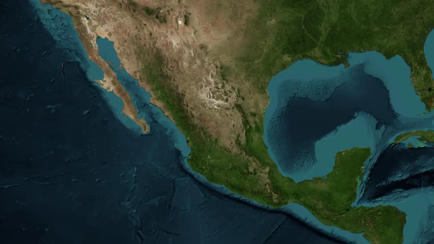 Zoom from Earth to Mexico. (No Border) World map animation with highlighted borders of countries.