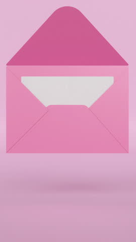 A 3d pink paper envelope is opened and a white sheet of paper appears on a pink background. Opening of envelope. Paper reveal, invitation, letter or card. Concept of mail, wedding greeting. Vertical.